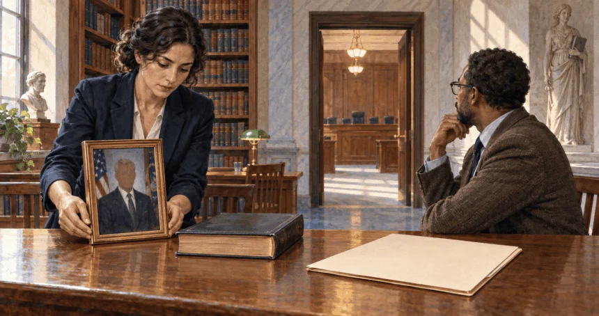 Conceptual painting of legal researchers comparing a generic presidential portrait with law books beside an empty courtroom.