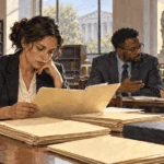 Conceptual painting of legal researchers discussing blank case folders in a courthouse library.