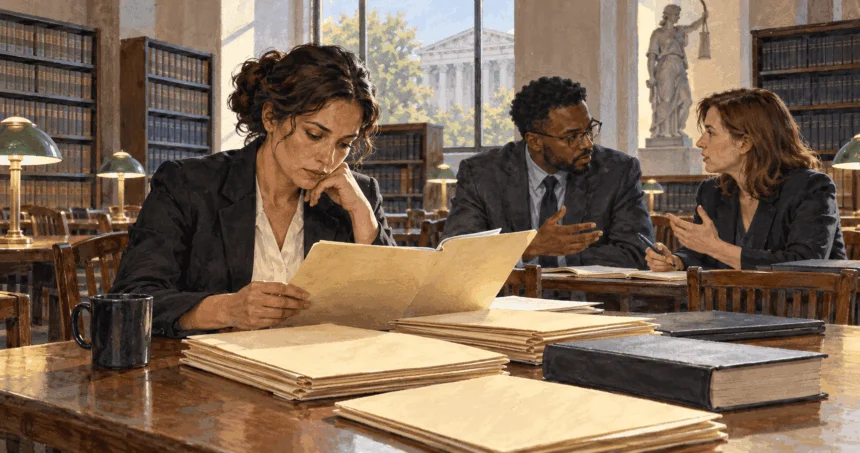 Conceptual painting of legal researchers discussing blank case folders in a courthouse library.