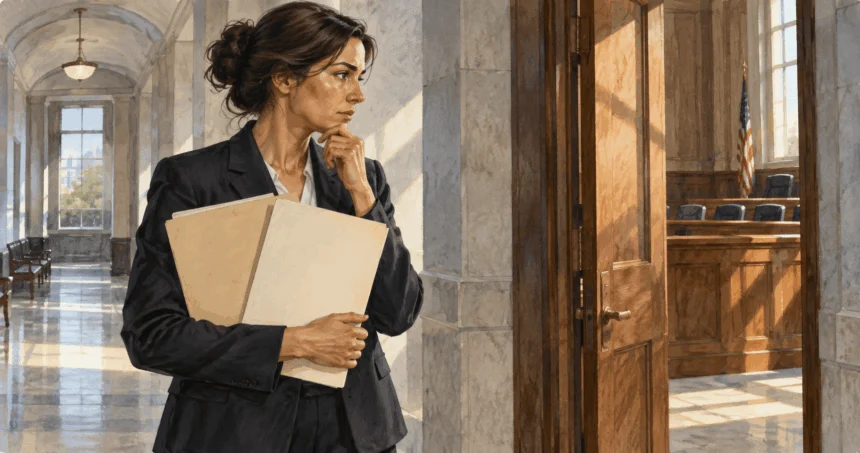 Conceptual painting of an attorney considering two blank folders in a courthouse corridor.