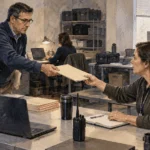 Conceptual painting of emergency coordinators handing off a folder during a continuity drill.