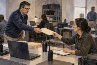 Conceptual painting of emergency coordinators handing off a folder during a continuity drill.