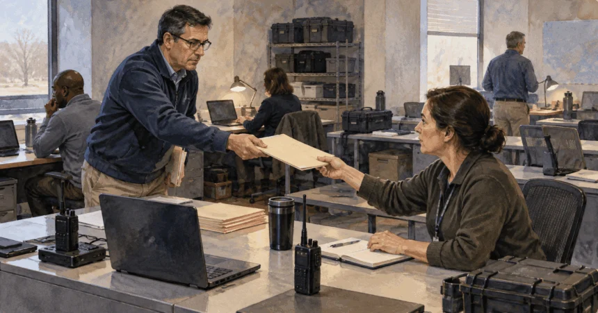 Conceptual painting of emergency coordinators handing off a folder during a continuity drill.