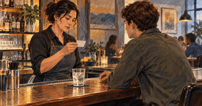 Conceptual painting of a bartender checking a patron’s identification at a quiet counter.
