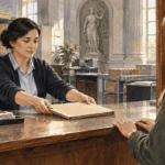 Conceptual watercolor painting of court workers handle a closed records folder.