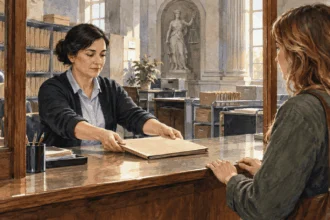 Conceptual watercolor painting of court workers handle a closed records folder.