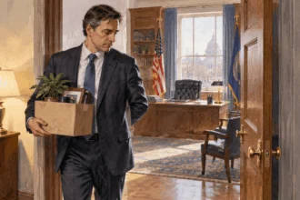 Conceptual painting of a departing attorney general carrying a personal box from an office.