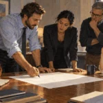 Conceptual painting of government staff reviewing a blank policy draft together.