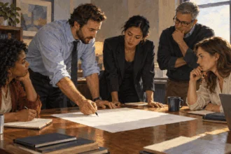 Conceptual painting of government staff reviewing a blank policy draft together.