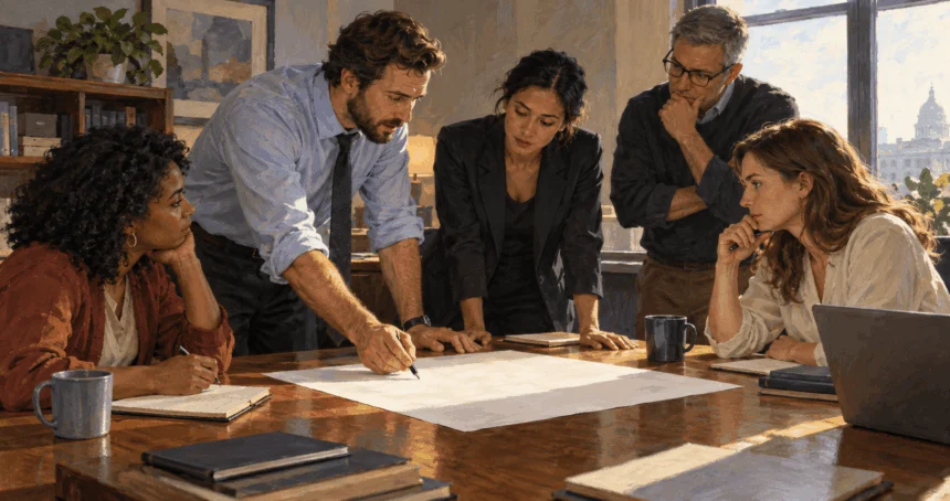 Conceptual painting of government staff reviewing a blank policy draft together.