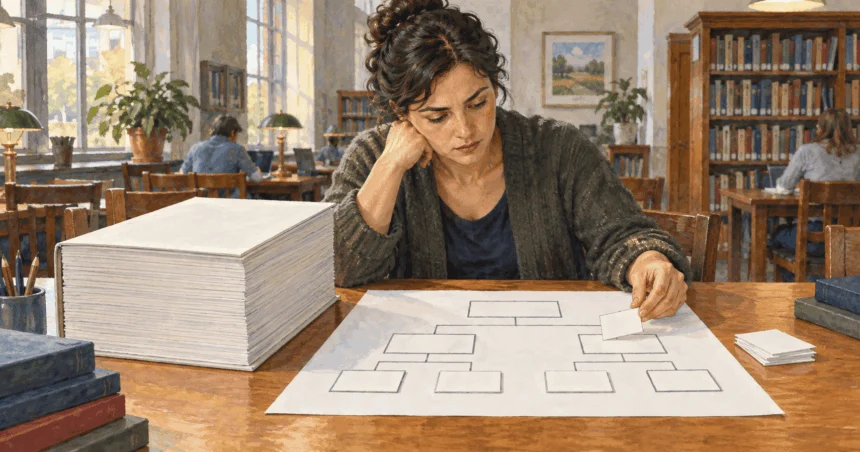 Painted illustration of a researcher examining a policy plan and a blank agency chart.