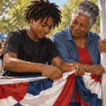 Conceptual painting of a Black elder and teenager fastening bunting for a Juneteenth gathering.