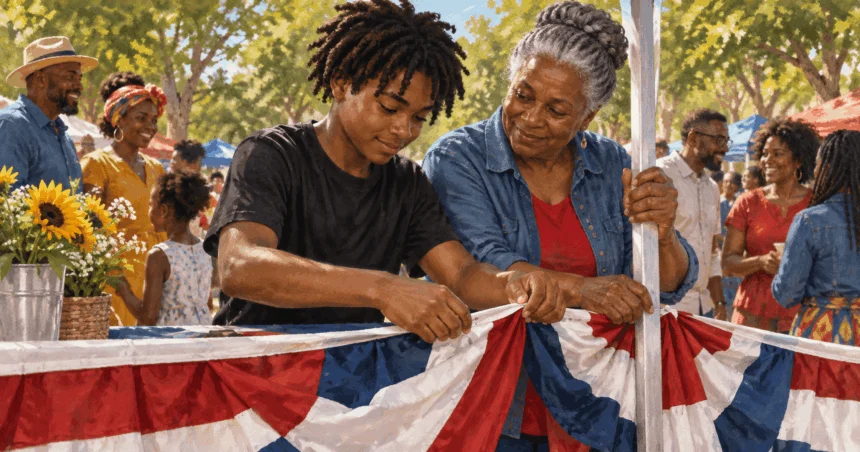 Conceptual painting of a Black elder and teenager fastening bunting for a Juneteenth gathering.