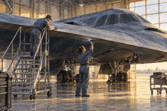 Conceptual painting of maintenance workers inspecting a tailless bomber in a hangar.