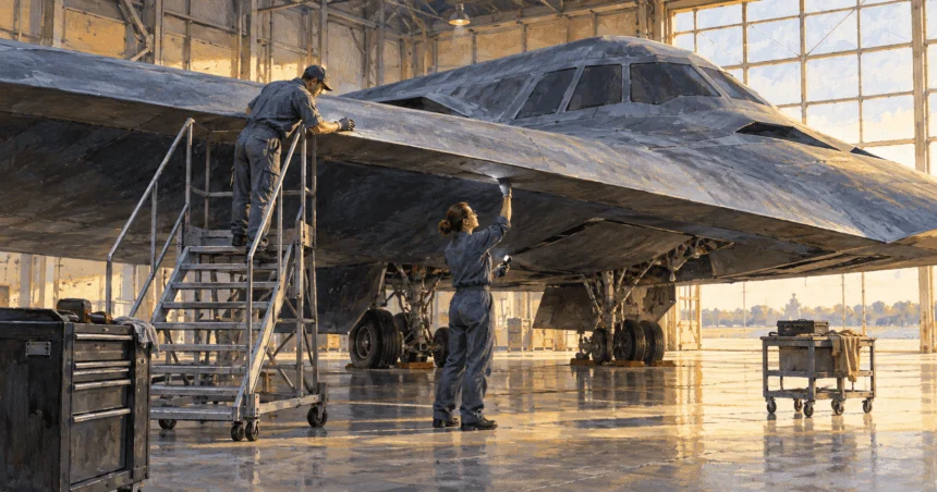 Conceptual painting of maintenance workers inspecting a tailless bomber in a hangar.