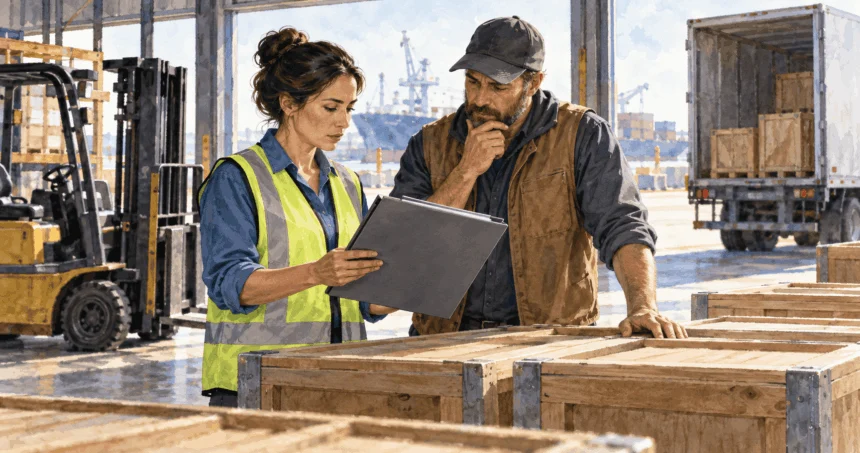 Conceptual watercolor painting of export workers review compliance before a shipment.
