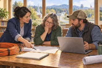 Telecommunications planner meets a librarian and engineer about a broadband connection.