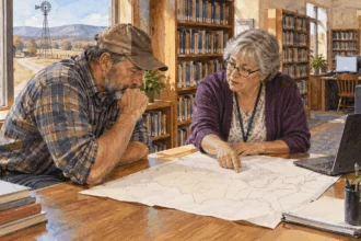 Painted illustration of librarian and resident examining a broadband coverage map in a rural library.