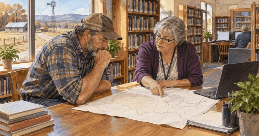 Painted illustration of librarian and resident examining a broadband coverage map in a rural library.