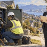 Painted technician working in an open communications cabinet while another person reviews a folder nearby.