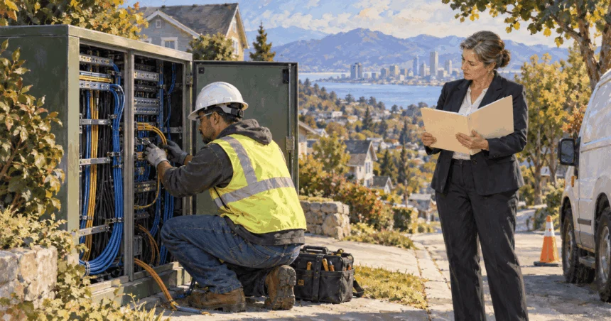 Painted technician working in an open communications cabinet while another person reviews a folder nearby.