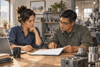 Conceptual painting of employees reviewing an export contract in a machine shop.