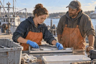 Conceptual painting of a scientist and fisher examining a catch at a harbor.
