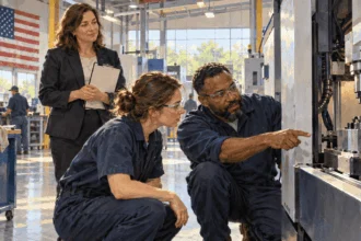 Conceptual painting of equipment technician and manufacturing apprentice inspect a new machine on a clean factory floor while a public grant officer observes.