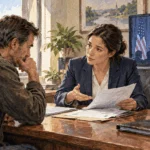 Conceptual painting of a loan officer discussing an application with a local business owner.