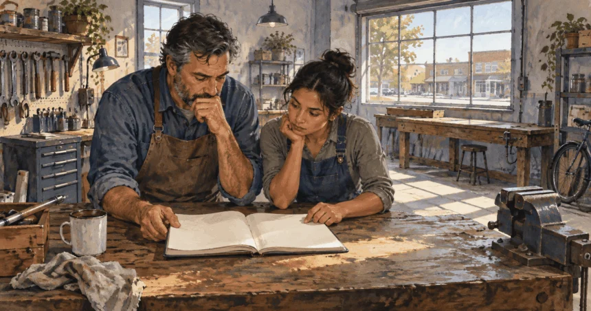 Conceptual painting of two people reviewing a workshop ledger during an economic slowdown.