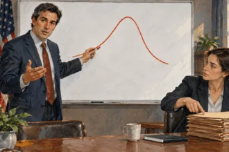Conceptual painting of analysts discussing an unlabelled rise-and-fall market line.