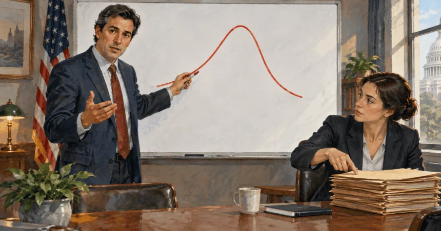Conceptual painting of analysts discussing an unlabelled rise-and-fall market line.