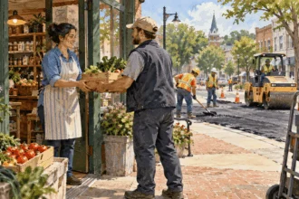 Painted illustration of a shopkeeper receiving produce while a public road crew works outside.