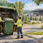 Painted sanitation workers loading a household bin, with a waste facility visible beyond.