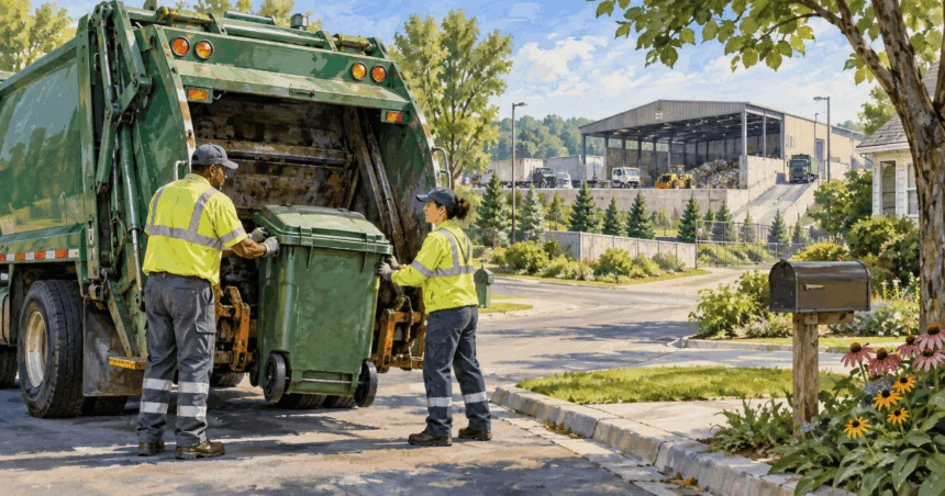 Painted sanitation workers loading a household bin, with a waste facility visible beyond.