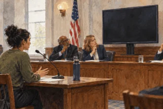 Conceptual painting of a participant speaking at a hearing about online video platforms.