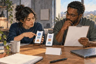 Conceptual painting of policy researchers examining unbranded social-app screens and a blank checklist.
