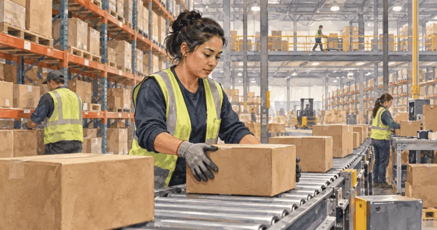 Conceptual painting of a worker placing an unbranded parcel onto a conveyor in a large warehouse.