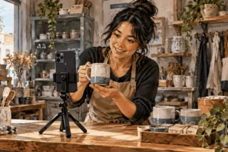 Conceptual painting of a small business owner recording a short product video on a phone.