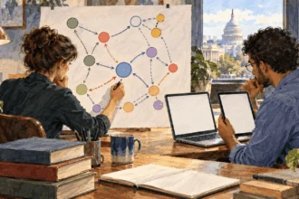 Conceptual painting of analysts studying competition in online search and advertising.