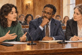 Conceptual painting of a public discussion about regulating a major technology platform.
