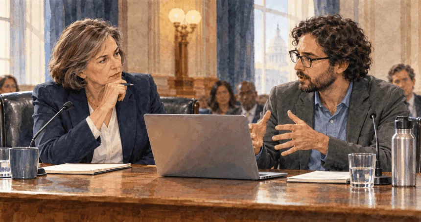 Conceptual watercolor of policymakers and researchers discussing a blank laptop at a hearing table.