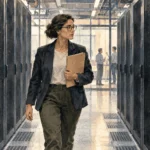 Conceptual painting of a competition-policy researcher walking past generic server racks.