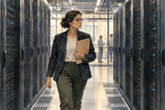 Conceptual painting of a competition-policy researcher walking past generic server racks.