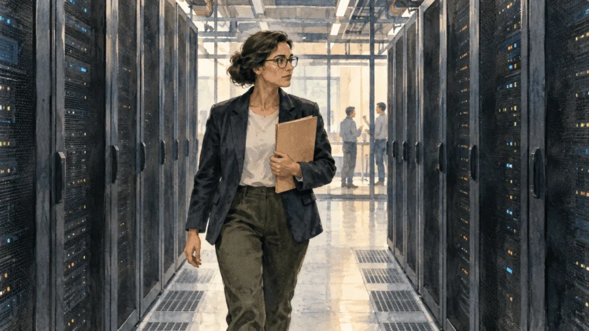 Conceptual painting of a competition-policy researcher walking past generic server racks.
