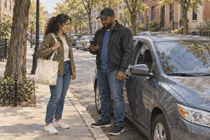 Conceptual painting of a ride-share driver checking a phone beside a passenger at a city curb.