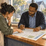 Conceptual painting of a resident discussing neighborhood housing with a city planning staffer.