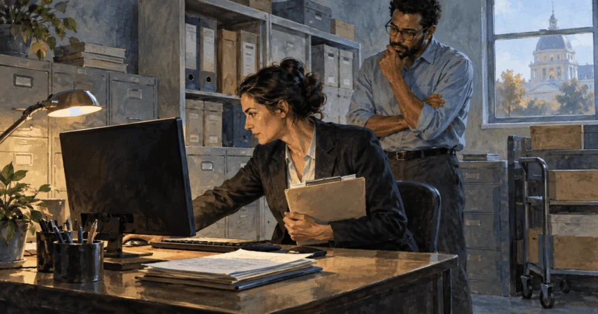Conceptual painting of public-sector staff reviewing data-system access in an office.