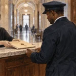 Conceptual painting of a court clerk passing a sealed folder to a messenger in a courthouse.