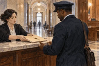 Conceptual painting of a court clerk passing a sealed folder to a messenger in a courthouse.